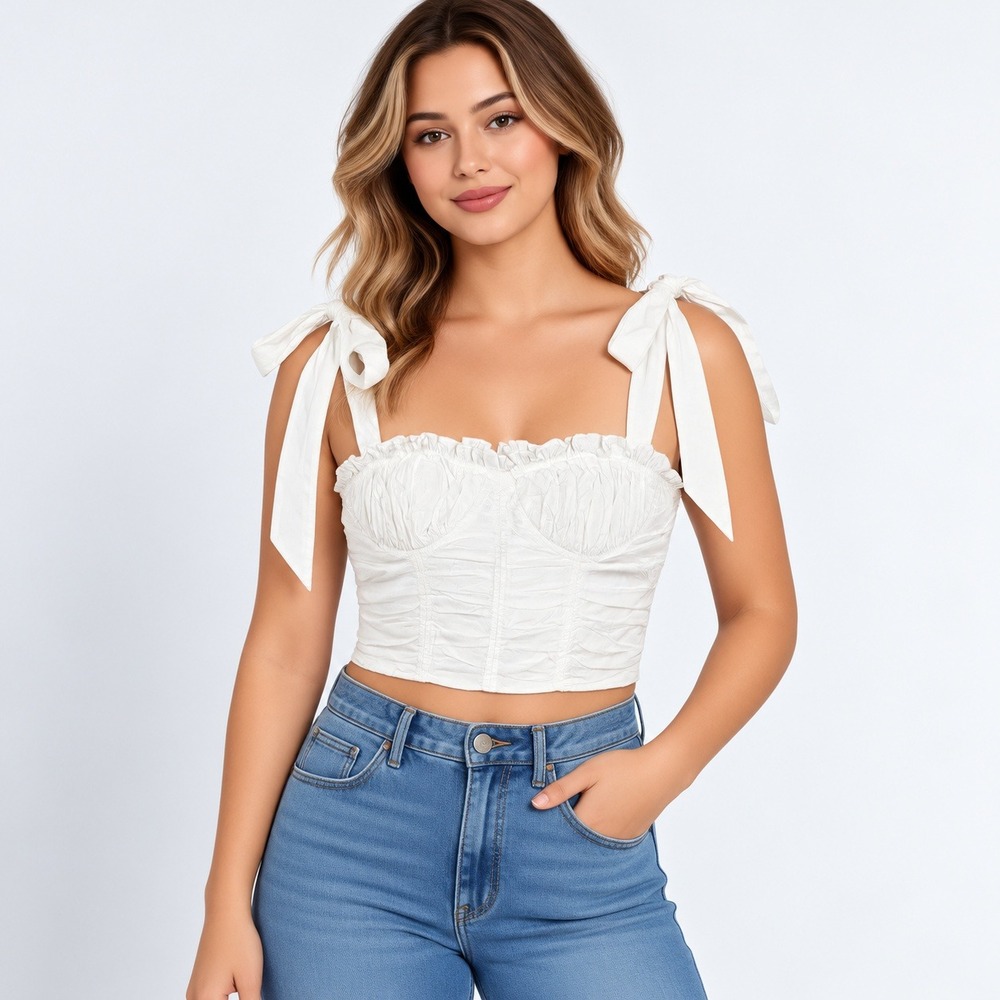 Sofie‎ the Label Bustier Top Women L White Ruched Ruffle Tie Strap S1241T